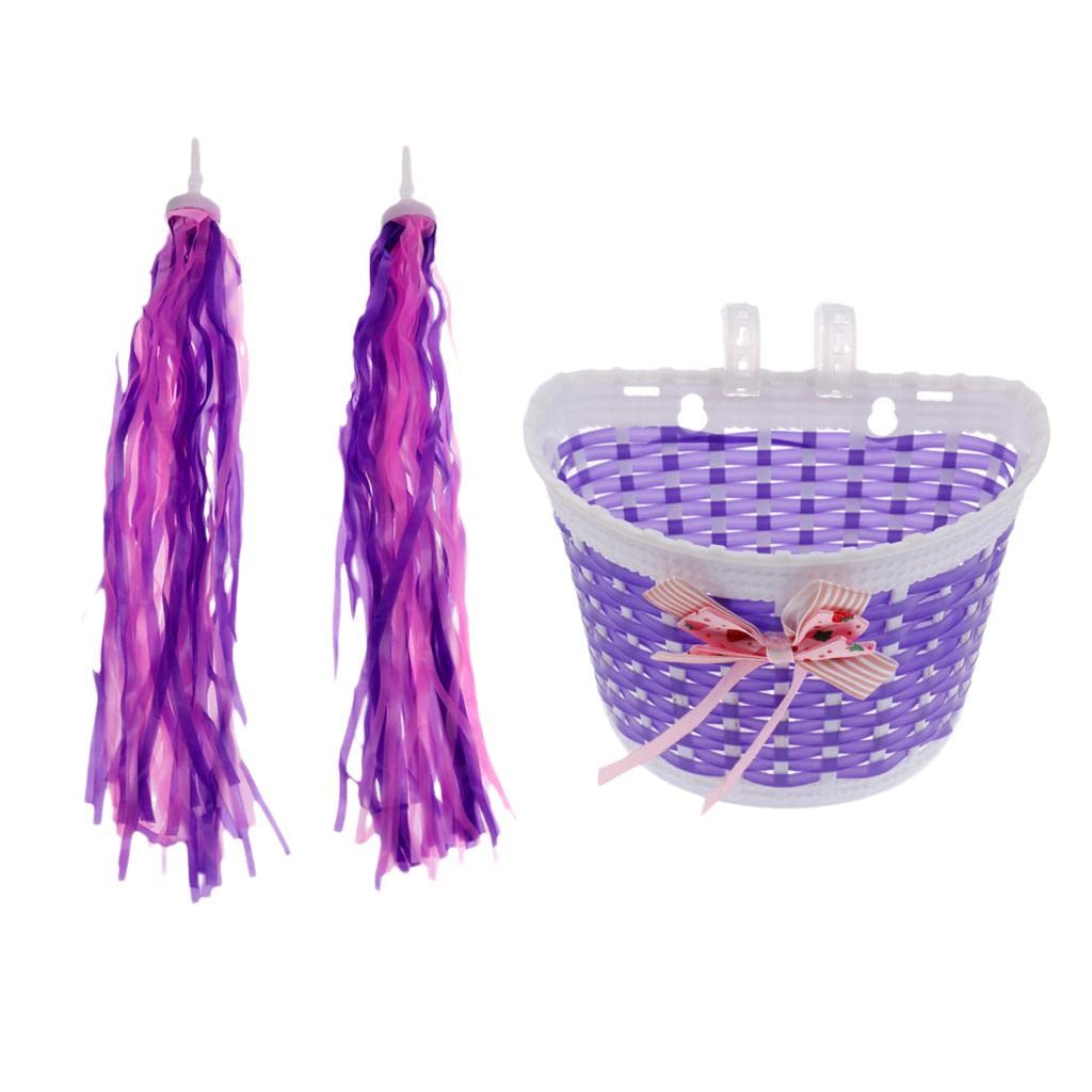 Jili Online 2 Pieces Kids Bike Grips Sparkle Retro Pom Pom Tassels Handlebar Streamers Purple + Kids Girls Pretty Bike Bicycle Front Basket Shopping Holder Case Easy Mount