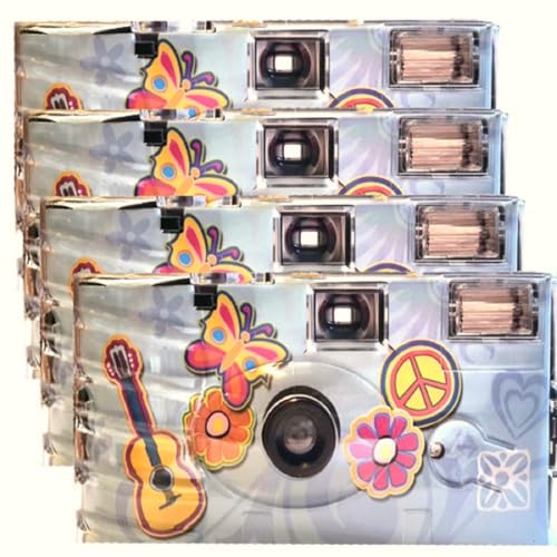 4 cámaras desechables PHOTO PORST 1A Edition Flower Power, flores y mariposas, con flash, pilas y película (4 unidades, 27 tomas cada una)