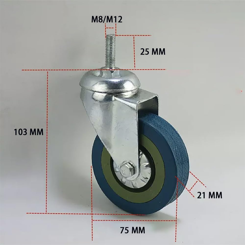 Gwintowany trzpień koła M8/M12, 4 szt. cichych kół widłowych, koła koła 3 cale z hamulcami do półek, wózków, mebli (Swivel, M12 x 25)