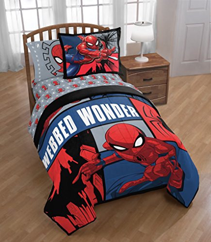 Image of Marvel Spiderman Twin Comforter Set 5 Piece Kids Bedding for Boys, Multi | Bed in a Bag, Comforter Sheets Sham Pillowcase, Official Product, Soft Microfiber, Machine Washable, Easy Care, Boys Gift