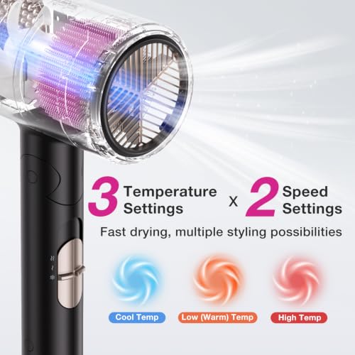 Image of BABONIR 1875W Hair Dryer with Diffuser, Ionic Foldable Blow Dryer, Black | Fast Drying for Frizzy, Curly & All Hair Types, 3 Heat & 2 Speed, Concentrator & Diffuser, Compact for Home, Women & Men