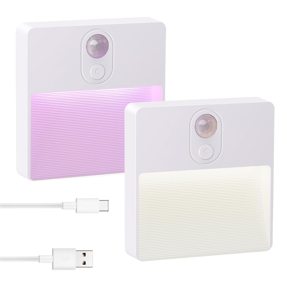 AGOTD Lampka nocna z czujnikiem ruchu, oświetlenie schodów LED, ciepła biel, zmiana koloru RGB, z baterią, automatyczne włączanie/wyłączanie, do pokoju dziecięcego, 2 sztuki