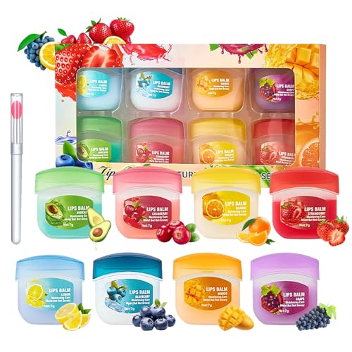 8 Stück Feuchtigkeitsspendender Lippenbalsam Set, Lippenmaske Overnight, Lippenpflege für sehr trockene Lippen, Hydrating Lip Balm Set mit Lippenpinsel - Verblassende Lippenlinien & Lippenfältchen