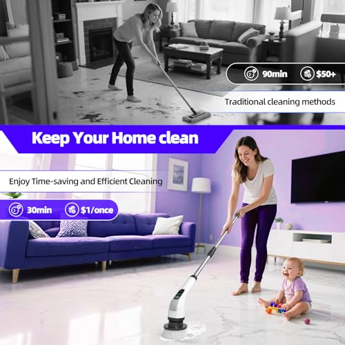 Image of Electric Spin Scrubber, IPX7 Waterproof Power Shower Scrubber with Extension Handle, 7 Replaceable Brush Heads & 3 Hard Bristle Crevice Cleaning Brushes Cleaning Supplies for Bathroom Tub Tile Floor