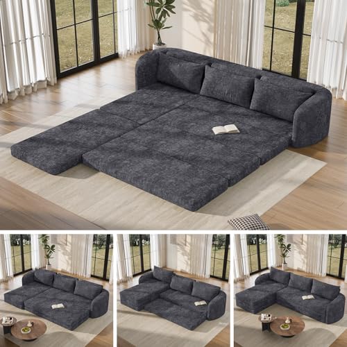 Image of Vesgantti 6 in 1 Convertible Folding Sleeper Sofa Bed, No Assembly, Blue | 110.2 inch L Shaped Modular Sectional Sofa, Curved Armrest, Deep Seat Boneless Couches for Living Room, Chenille, Left Facing