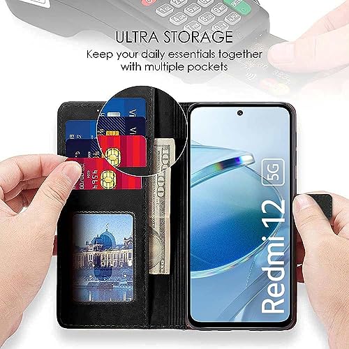Image of WOW IMAGINE Shock Proof Flip Cover Back Case Cover for Mi Redmi 12 5G | Redmi 12 4G | Poco M6 Pro 5G (Flexible | Leather Finish | Card Pockets Wallet & Stand | Black)