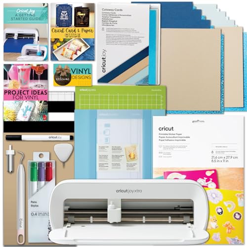 Cricut Joy Xtra Machine con papel de pegatinas imprimible y kit de tarjetas Bundle - Set de fabricación de pegatinas con máquina de cortar, tarjetas de felicitación de bricolaje con bolígrafos y
