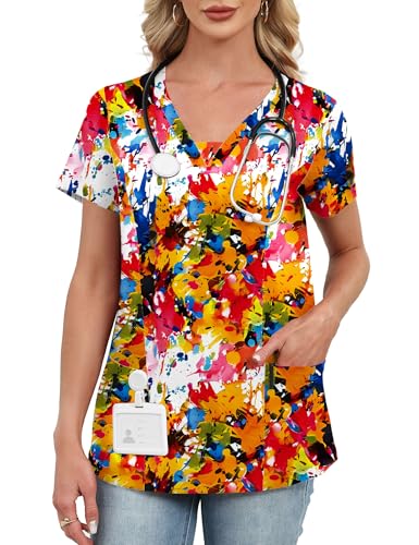AKEWEI Scrub Tops for Women Print Splash Ink Pattern V Neck Stretch Medical Workwear with 2 Pockets Colorful Abstract Printed L