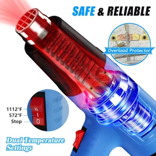 URTOOLS Heat Gun Kit 572 & 1112℉ Variable Temperature Control 4 Nozzles Heavy Duty Fast Heating Hot Air Gun Overload Protection, For Crafting, Shrink Tubing, Vinyl Wrap, Shrink Wrap,5Ft Power Cord