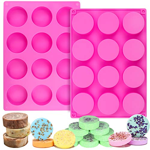 Palksky (2Pcs) 12Cavity Shower Steamer Molds/Handmade Round Soap Mold/Circle Cylinder Silicone Mold For Making Lotion Bars, Bath Bomb, Beeswax (Pink) #TOP26