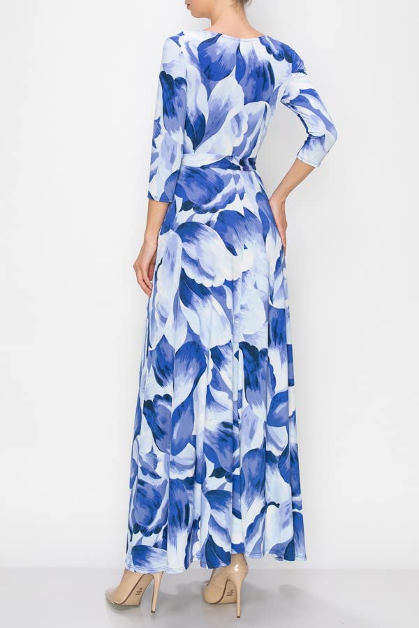 Image of Women's 3 /4 Sleeve V-Neck Printed Maxi Faux Wrap Dress Magenta XL