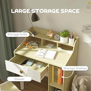 Qaba Kids Desk and Chair Set, Student Desk and Chair Set with Storage Shelves, Drawer, Kids Study Desk and Chair Set for 3-10 Years, White Qaba Kids Desk and Chair Set Student Desk and Chair Set with Storage Shelves Drawer Kids Study Desk and Chair Set for 3 10 Years White