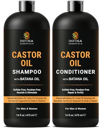 INFINA ESSENTIALS Castor Oil Shampoo and Conditioner Set | 16 fl oz Each | with Batana Oil | Strengthening Thickening & Hydrating Formula | Supports Hair Growth & Fuller Healthier Hair