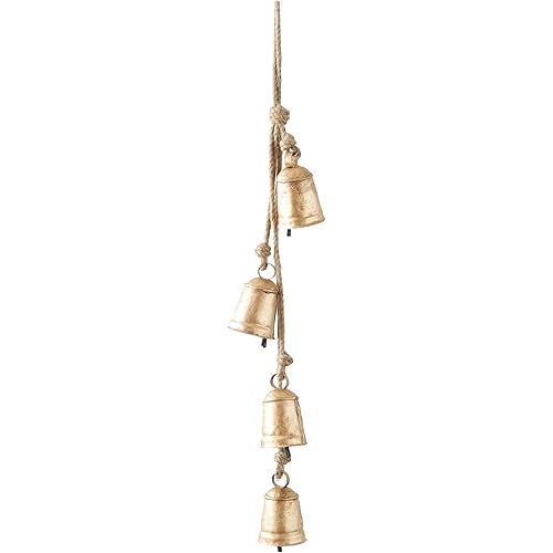 Deco 79 Metal Handmade Tibetan Inspired Decorative Cow Bells with 4 Bells on Jute Hanging Rope, 4" x 3" x 29", Gold