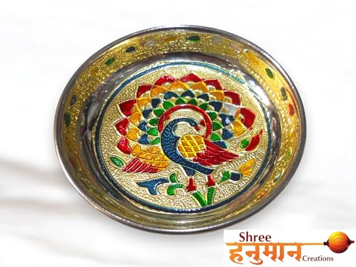 Image of Shree Hanuman Creations Laddu Gopal| Thakur ji| khanha| Bal Gopal ke Bartan /Pooja thali Small- 4 pcs Set - Multicolor Minnakari Stainless Steel Bhog Thali with Glass, Bowl and Spoon
