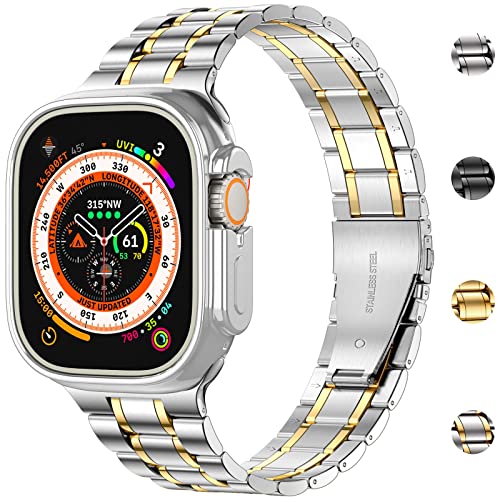 Image of MioHHR Solid Stainless Steel Band Compatible with Apple Watch 49mm Ultra 3 /2 /1, Metal Strap with Soft TPU Case for iWatch Series Ultra 3 /2 /1 49mm Women and Men, Silver /Gold