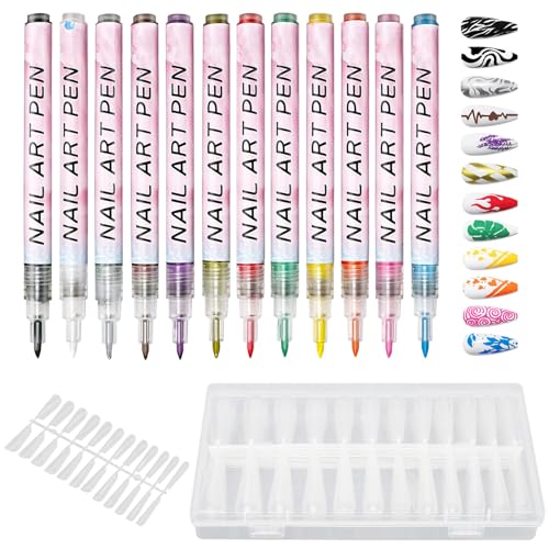 YanBous Kit de 12 Bolígrafos de Nail Art con 240 Puntas de Uñas Falsas, Rotuladores Graffiti de Secado Rápido para Diseño 3D DIY, Ideal para Pintura Creativa a Mano en Uñas de Gel y Acrílico