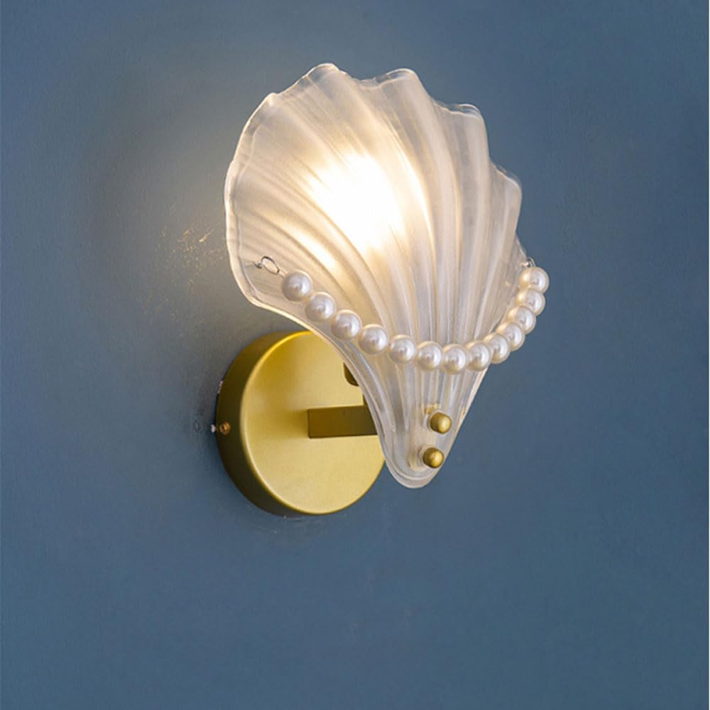 Gold Wall Sconces for Bathroom E14 Vanity Wall Light with Pearl Chain Modern Sconces Lamp with Clear Shell Shaped Glass Shades Hallway Light Fixtures for Living Room Bedroom Mirror Kitchen