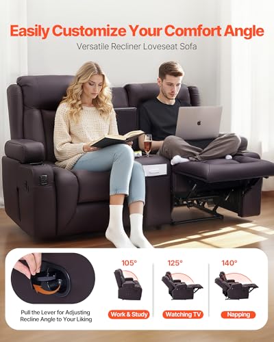Image of VEVOR Loveseat Recliner Sofa, Home Theater Seating Reclining RV Couch with Console, Wall Hugger Recliner with USB Ports, Cup Holders, Storage Bags, Dual Loveseat Chair for RV /Movie Room, Faux Leather