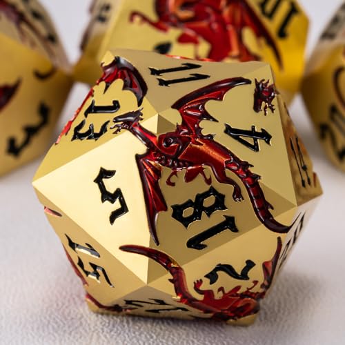 Metal DND Dragon Dice Set D&D Polyhedral Dice with Dragon for Dungeons and Dragons RPG TTRPG D and D 7-Die Set with Gift Case