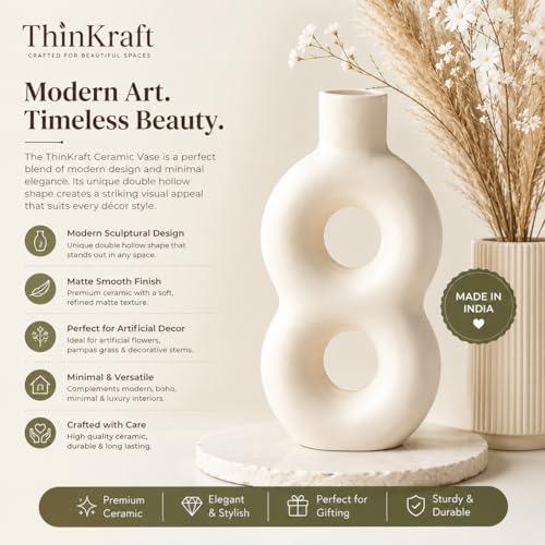 Image of Ceramic Flower Vase for Home Decor - Off White Matte Finish Abstract Hollow Design 23cm - Decorative Vase for Pampas Grass, Artificial Flowers, Living Room & Bedroom