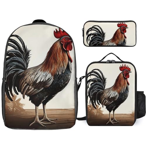 3 Piece Backpack for Women Men Lightweight Causal Daypack Shoulder Bag Set with Insulated Lunch Bag And Pencil Case Organizers Rooster