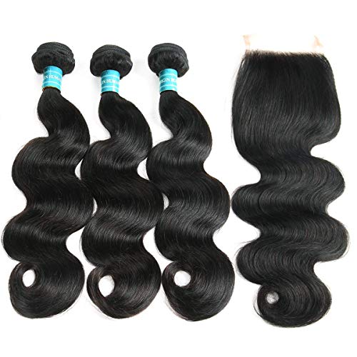 Siji Mei Brazilian Body Wave With Closure 100% Unprocessed Virgin Human Hair 3 Bundles With Closure Natural Black Color Weave And 4x4 Inch Lace Closure (18 20 22 with 16, Free Part)
