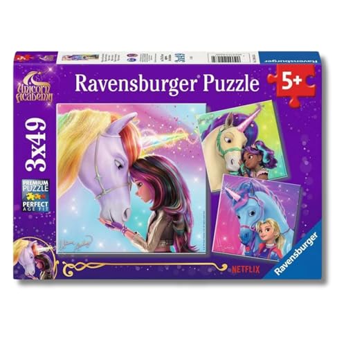 Ravensburger - Unicorn Academy, Puzzle 5+ Anni, Con 3 Puzzle Da 49 Pezzi