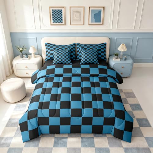 Image of Feelyou Checkered 7 Piece Bedding Set Teen Blue Black Plaid Comforter Set with Sheets King Size Kids Boys Cute Retro Neutral Checkerboard Geometric Bed in a Bag Vintage Aesthetic Room Decor
