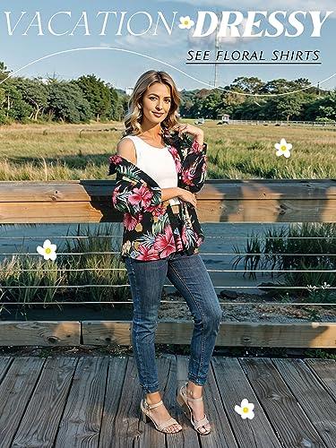 ZXZY Hawaiian Shirts for Women Fall Soft Floral Leaves Print Long Sleeve Button Up Trendy Tops Blouse3