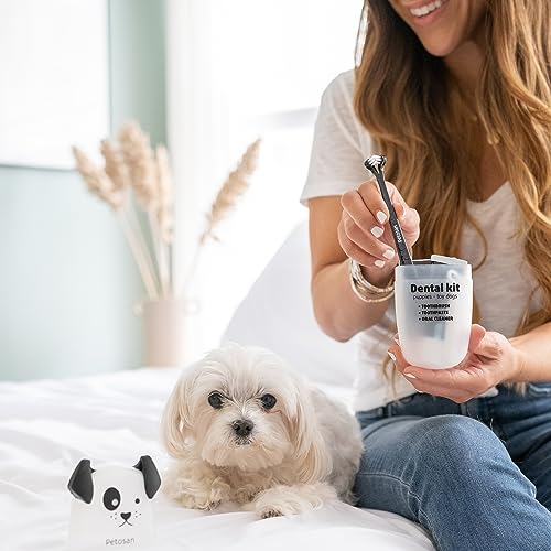 Petosan Dental Kit für Spielzeug Hunde und Welpen - Tierarztzugelassene Zahnbürste, Zahnpasta, Fingerbürstenset - Kleine Rassen, Welpen Mundpflege