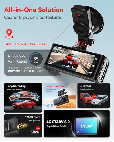 undefined REDTIGER 4K STARVIS 2 Dash Cam Front and Rear, 5GHz WiFi 20MB/s Download, 128GB Card Included, Voice Control, Dash Camera for Cars with 3.18" Touch Screen, GPS, Loop Recording, Parking Mode(F7N Touch) の商品画像 2