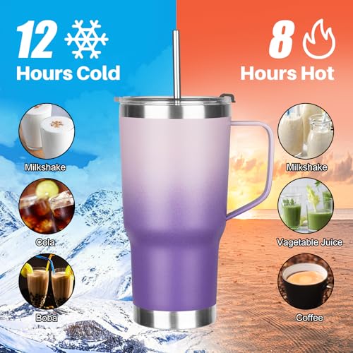 Image of 20 oz Tumbler with Handle, Stainless Steel Insulated Tumbler with Lid and Straw, Double Wall Vacuum Coffee Mug Tumbler, Insulated Coffee Thermal Cup for Cold and Hot (Light Dark Purple, 20, ounces)