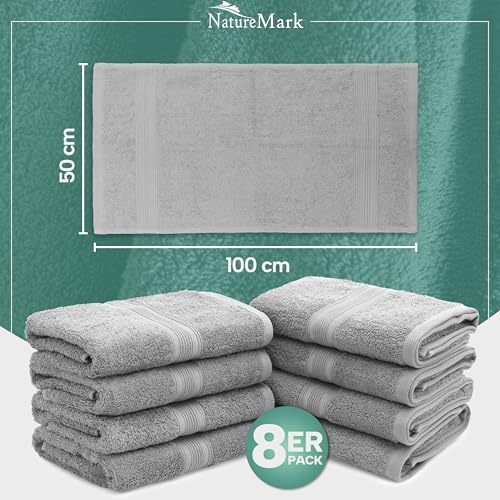 NatureMark 8 Handtücher Set - 100% Baumwolle - Saugfähige und langlebige Handtücher, Größe 50×100 cm, Silbergrau