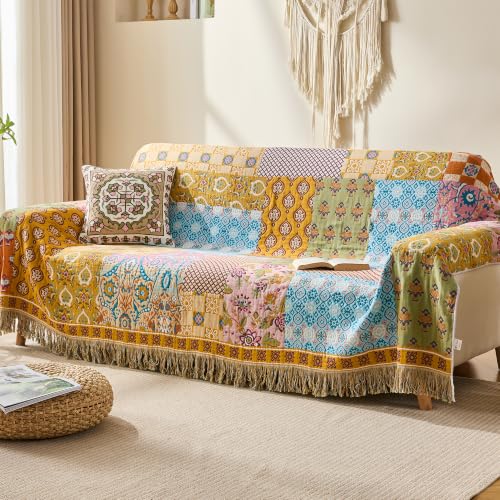 Image of VANJOROY King Boho Throw Blanket, 100% Organic Cotton Breathable Skin-Friendly Ultra Soft 91 inch x 98 inch Bed Quilt Patchwork Throw - Floral Rustic Luxury Reversible Blanket for Sofa Couch Chair and Gift