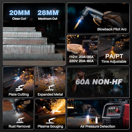 ARCCAPTAIN 60Amp [Non-HF] Plasma Cutter, Blow Back Pilot Arc Plasma Cutting Machine, 110V/220V, Upgraded Large LED Display, Plate Cutting, Expanded Metal, Rust Removal, Gouging, Air Pressure Detection by ARCCAPTAIN - Image 2