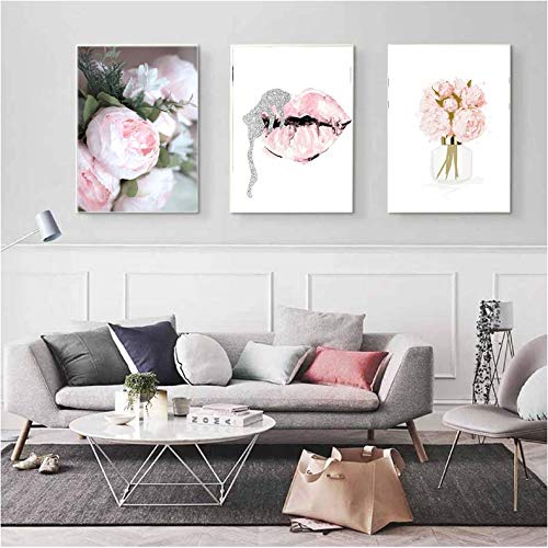 Bouteille de Pivoine Toile Lettre Affiches Modernes pour Décoration Murale de Salon Rose