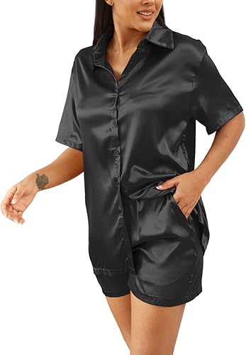 Miniatura 4 de Ophestin Womens Satin 2 Piece Outfits Button Down Short Sleeve Pajama Set Loungewear