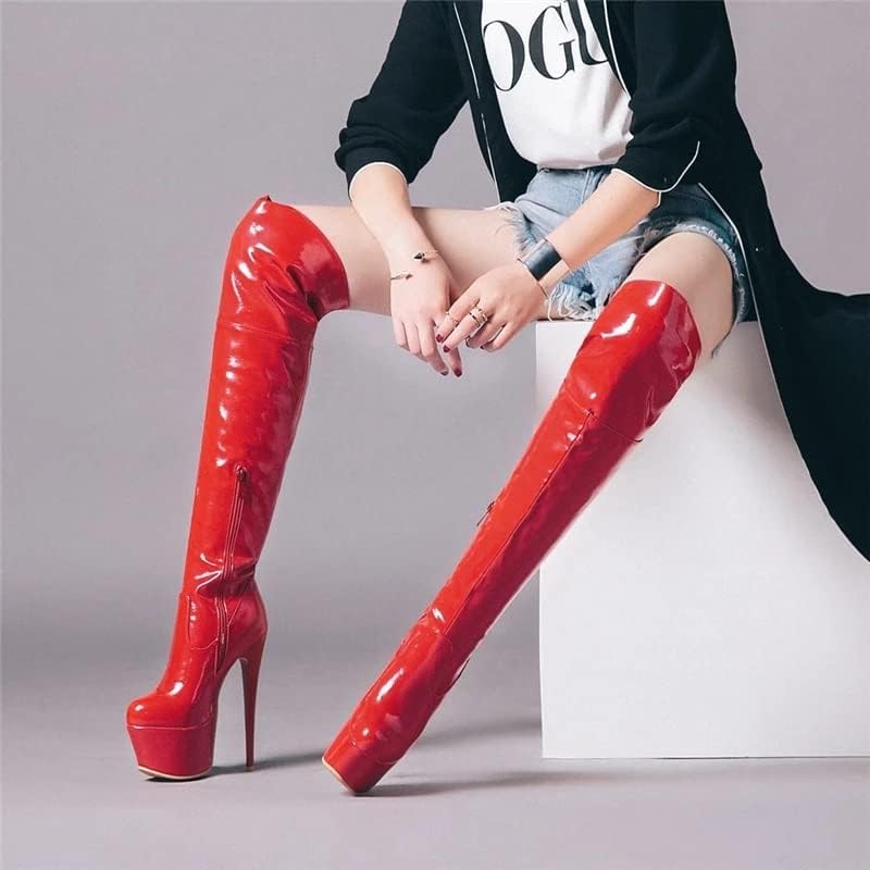 Boots Thigh High Boots for Women Platform Shoes Lady High Heels Over The Knee Boots Red Leather Winter Long Boots Booties(5.5)