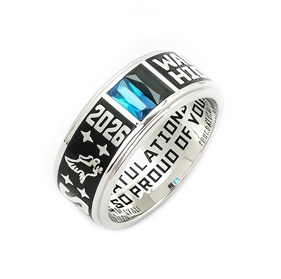 Customizable men's band class ring, black band ring, high school or college graduation ring, graduation gift, sterling silver ring, birthstones ring - modern design -Jour Nouveau Jewelry
