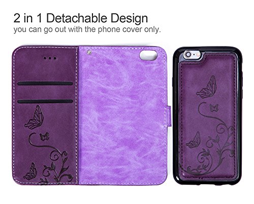 Waterfox Iphone 6/7 / 8 Plus Wallet Case With 4 Card Holder For Women, Detachable Cover Flip Folio Pu Leather Wrist Strap Removable Magnetic Kickstand With Floral Flower Design For Girls - Purple #TOP2
