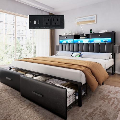 DWVO King Size Bed with 2 Storage Drawers and Charging Station & LED Lights by DWVO - Used condition - US$215.27
