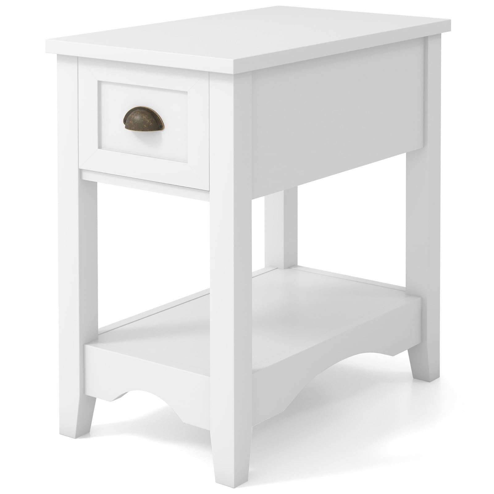 COSTWAY Slim Sofa Side Table, Wooden Nightstand Bedside End Table with Drawer, Storage Shelf & Solid Rubber Wood Legs, Narrow Accent Tea Table for Living Room Bedroom Office, 56x33x59cm (1, White)