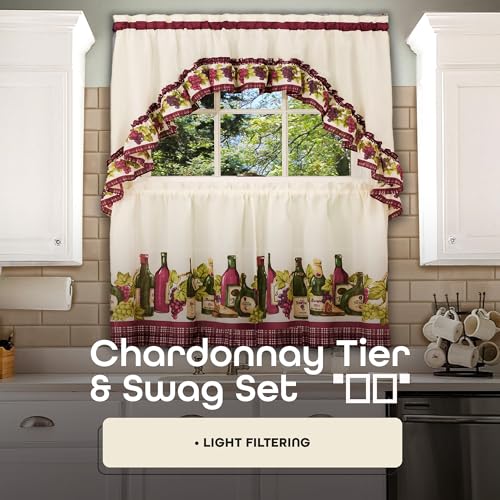 Light Filtering Printed Tier & Swag Window Curtain Set - 57 Inch Length, 36 Inch Width - Chardonnay - Machine Washable Drape for Kitchen, Living, & Dining Room by Achim Home Deco