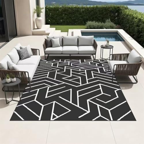 Midrodlle Modern Geometric Outdoor Area Rug 152x244 cm Black and White Pattern Weather-Resistant Waterproof Reversible Plastic Straw Camping Rug for Camping Deck Beach Picnic Backyard