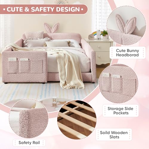 Image of Full Size Kids Bed with Rabbit Ear Headboard, Upholstered Boucle Fabric Full Daybed with Slats Support & Side Pockets, Space-Saving Wooden Corner Sofa Couch Bed Frame for Girls, Boys, Teenager(Pink)