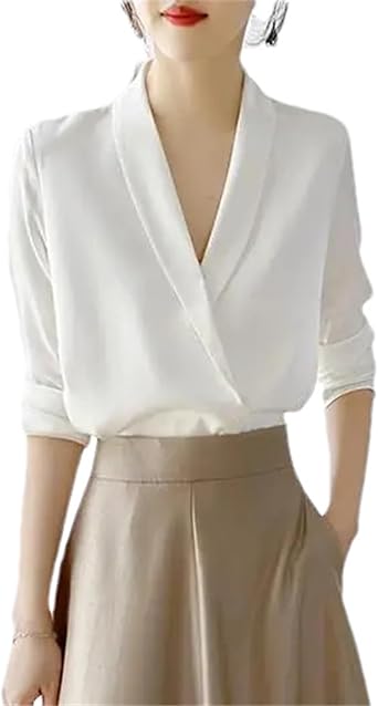 Womens V-Neck Solid Color Silk Satin Long Sleeve Elegant Blouse for Spring Fall - Office Lady Tunic Shirt