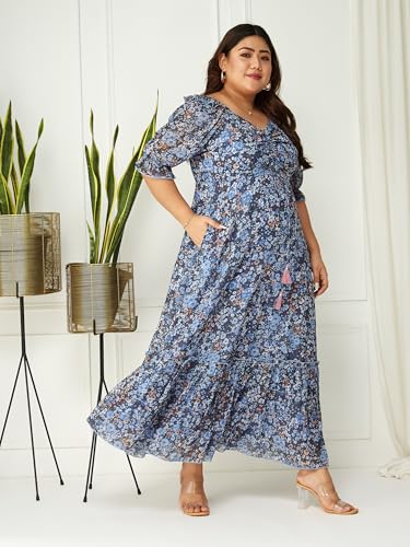 Image of Miss Chase A+ Women's Sweetheart Neck Puffed Sleeve Floral Ruching Georgette Maxi Dress