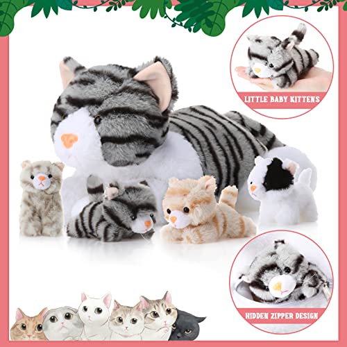 Image of Skylety 5 Pieces Cat Stuffed Animal with Babies Inside Belly Plush Cat Pregnant Mommy Kitty with 4 Cute Fluffy Stuffed Kittens Christmas Birthday Surprise Gifts(Gray)