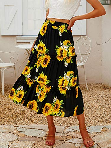 Saia feminina Hibluco com estampa floral boêmia e cintura elástica, Black Sunflower, X-Large